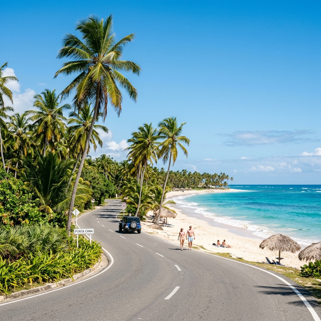 Punta Cana tropical road and beach