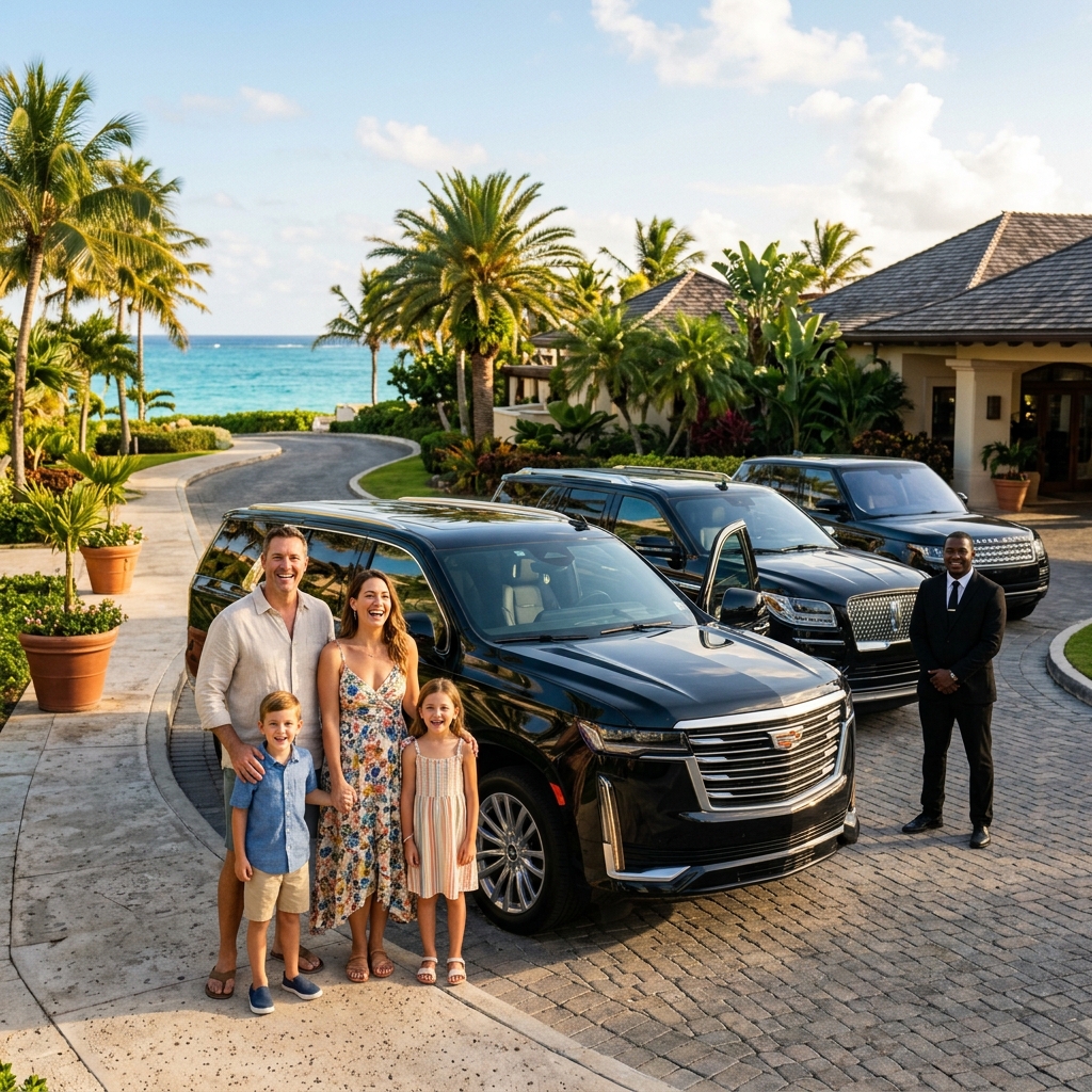 Happy family with luxury SUV fleet